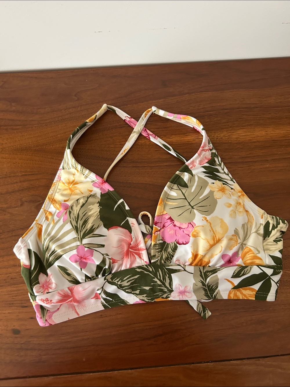 Kona Sol White Bikini Top with Green Leaf and Yellow Floral Trim